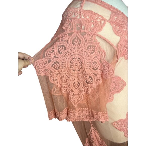 Pink Sheer Lace Kimono Cardigan Cover-Up Feminine 2XL-3XL Boho Long Elegant Sexy - Picture 4 of 12